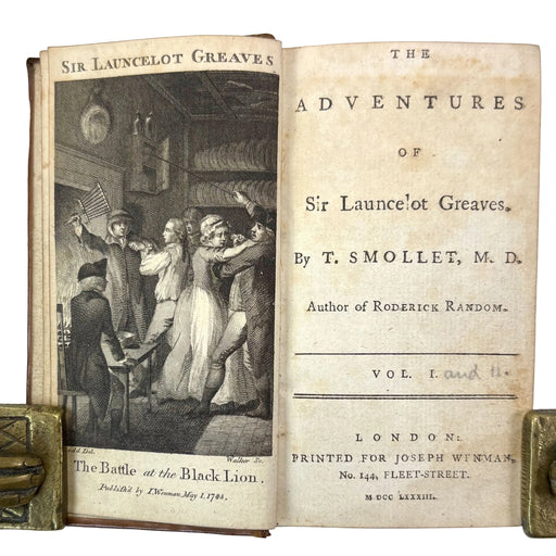 An open antique book showing the title page and front cover illustration for 'The Adventures of Sir Launcelot Greaves' by T. Smollet, M.