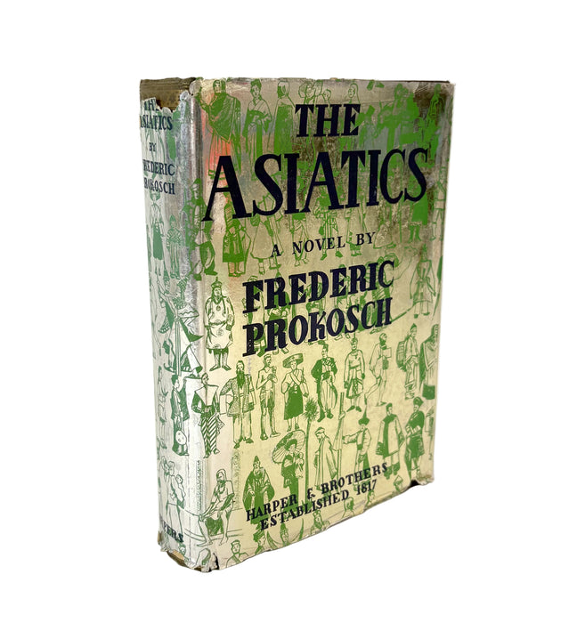 Vintage hardcover book titled 'The Asiatics' by Frederic Prokosch, featuring a cream-colored cover with green line-art illustrations and bold black lettering, photographed on a white background.