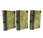 Three vintage hardcover books with green and gold marbled covers and red title bands, displayed upright on a white background.