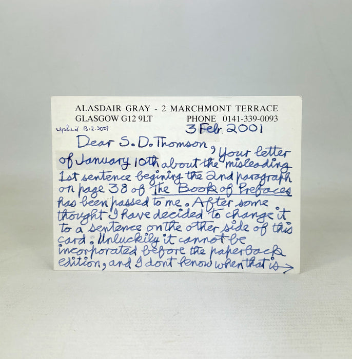 The Book of Prefaces, Alasdair Gray, 2000, with signed autograph postcard