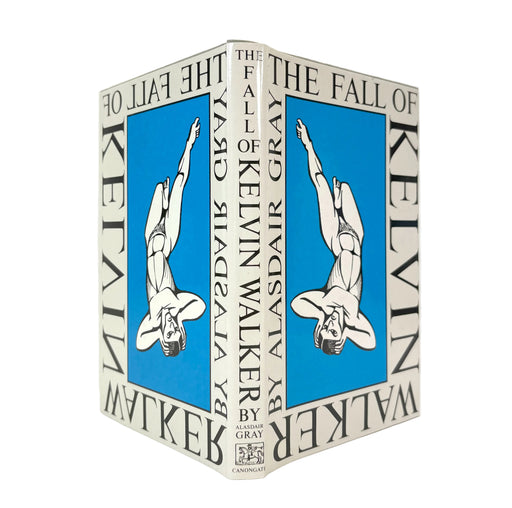 A hardcover book titled 'The Fall of Kelvin Walker' by Aldsair Gray, featuring a bold blue and white cover design with a stylized illustration of a figure, photographed on a clean white background.