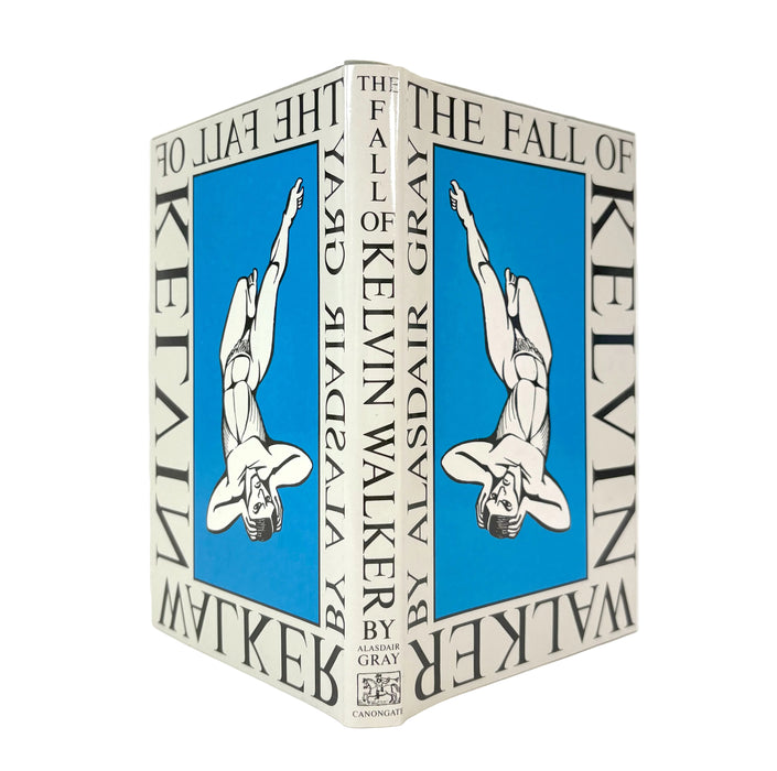 A hardcover book titled 'The Fall of Kelvin Walker' by Aldsair Gray, featuring a bold blue and white cover design with a stylized illustration of a figure, photographed on a clean white background.