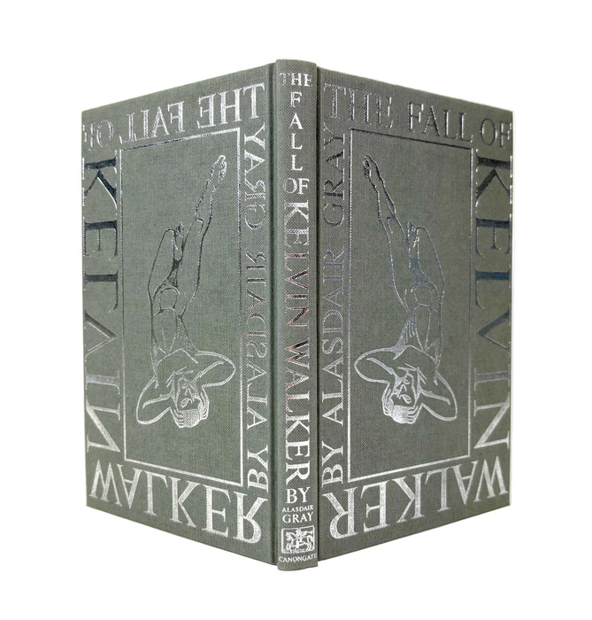 Vintage hardcover book of 'The Fall of Kevin Walker' by Alasdair Gray, featuring a dark gray textured cover with silver-gray embossed lettering and an illustration of a figure in a cowboy hat.