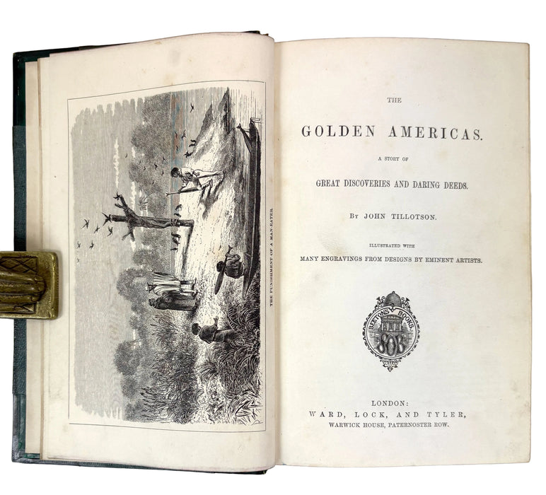 An open vintage book showing the title page of 'The Golden Americas' by John Tillotson, with a black-and-white illustration on the left page and printed text on the right page, photographed against a light background.