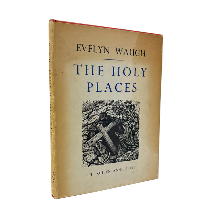 Vintage hardcover book of Evelyn Waugh's 'The Holy Places' on a white background, showing the tan cloth cover with blue text and a black-and-white illustration.
