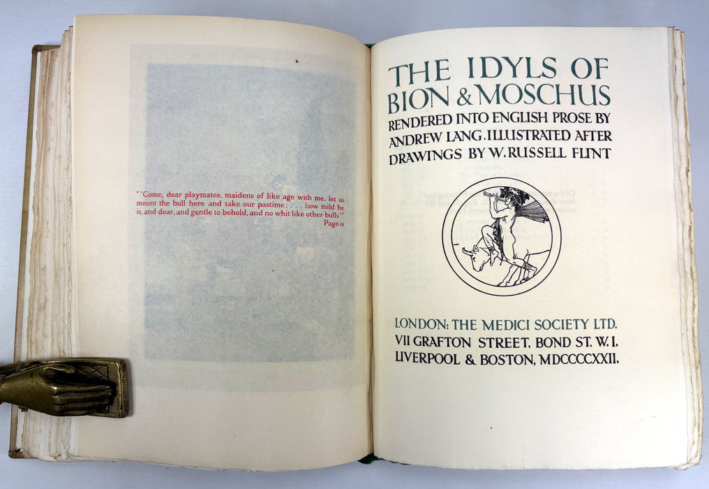 The Idyls of Theocritus; With Bion & Moschus. Translated by Andrew Lang. Illustrated by W. Russell Flint, Medici Society, 1922 limited edition in luxury custom binding