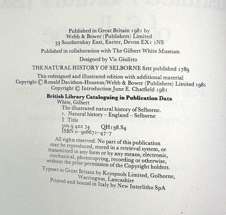 The Illustrated Natural History of Selborne, Gibert White, with Gilbert White Museum, 1981