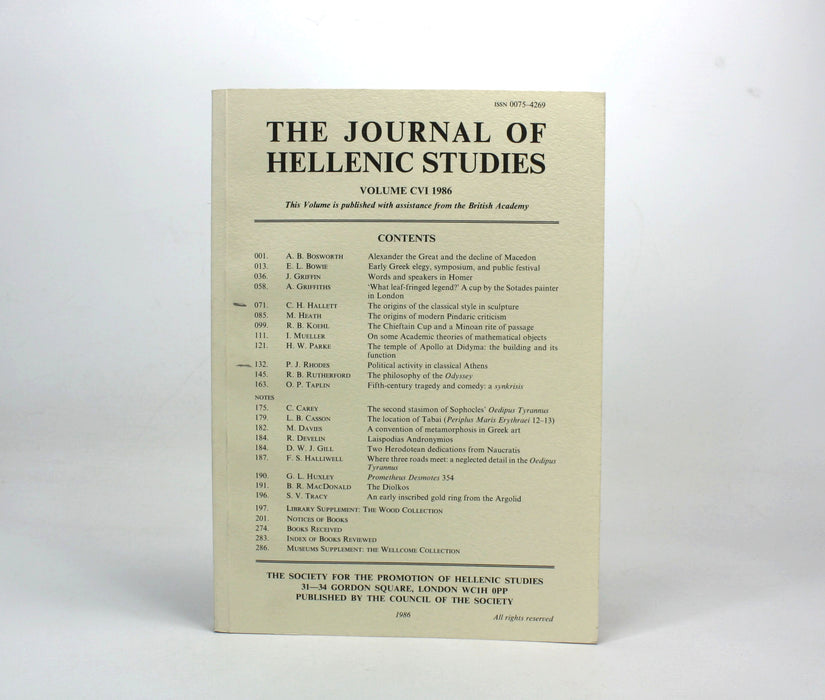 The Journal of Hellenic Studies, Volume CVI, 1986.