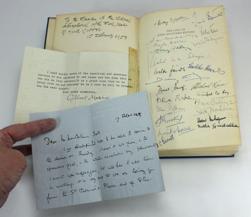 The Life of John Maynard Keynes, R.F. Harrod, 1951, with multiple signed half title, and letters by Gilbert Murray and Rose Macaulay. Liberal International & John Hutchison MacCallum Scott interest.