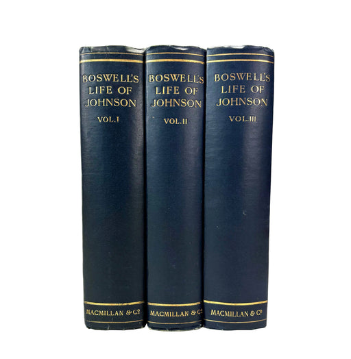Three hardcover volumes of Boswell's Life of Johnson, bound in dark navy blue with gold lettering, standing upright against a plain white background.