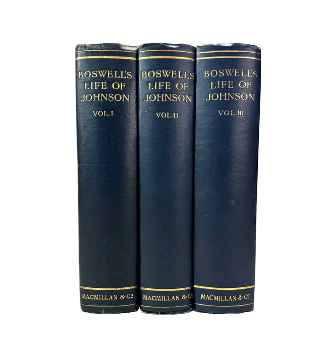 Three hardcover volumes of Boswell's Life of Johnson, bound in dark navy blue with gold lettering, standing upright against a plain white background.