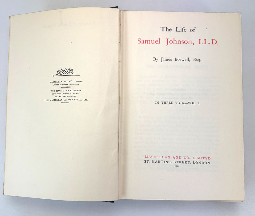 The Life of Samuel Johnson, LL.D., by James Boswell. In Three Vols. Macmillan, 1912