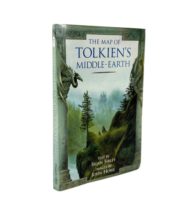 The Map of Tolkien's Middle-earth book standing upright on a white background, showing the front cover and spine with fantasy artwork of a misty green landscape and tower.