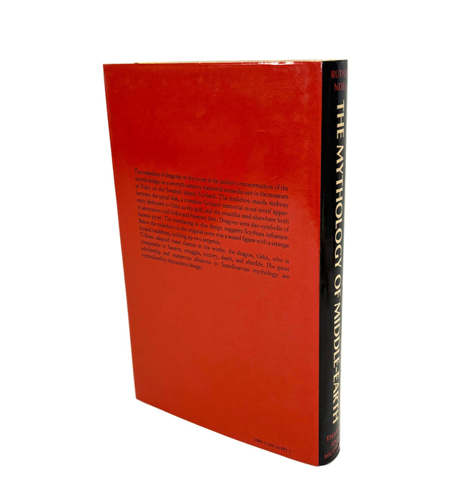 The back cover of a book titled 'The Mythology of Middle-earth' showing a solid red background with white text, standing upright on a white background.