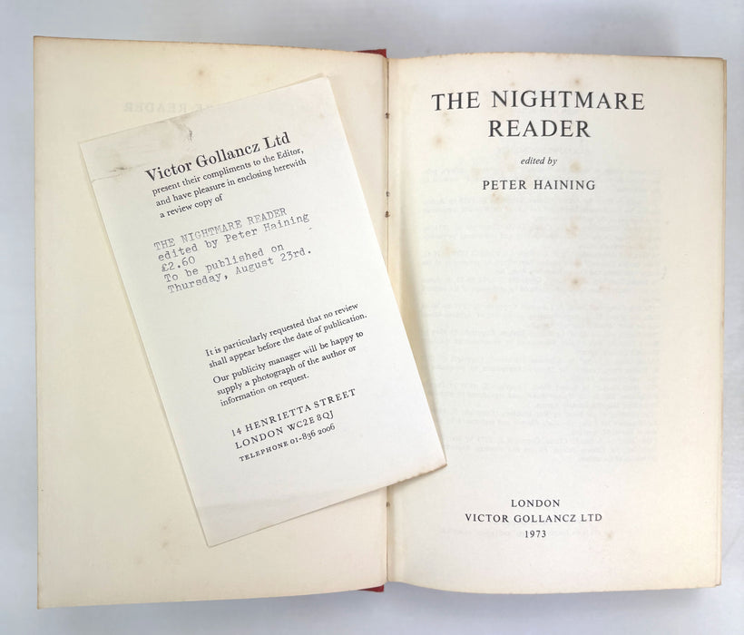 The Nightmare Reader, edited by Peter Haining, with an introduction by Isaac Asimov, Victor Gollancz, 1973. Review copy.