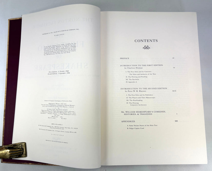 The Norton Facsimile; The First Folio of Shakepeare, Prepared by Charlton Hinman, 1996