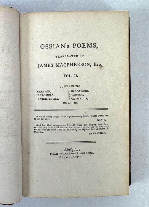 The Poems of Ossian, the Son of Fingal, translated by James Macpherson, Cameron and Murdoch's Edition, Vol II, 1797