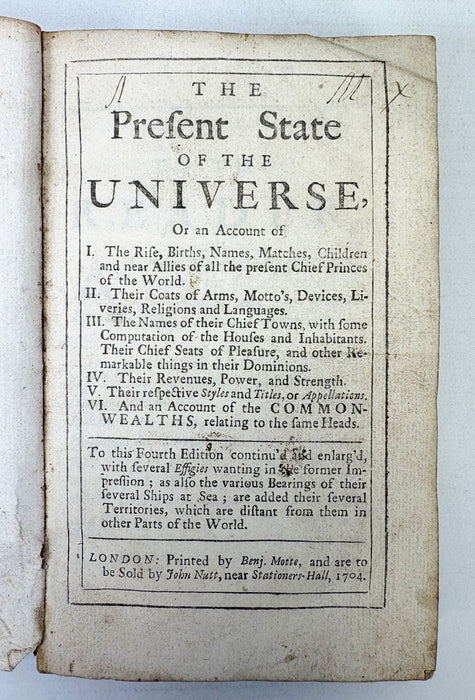 The Present State of the Universe, printed by Benj. Motte, 1704