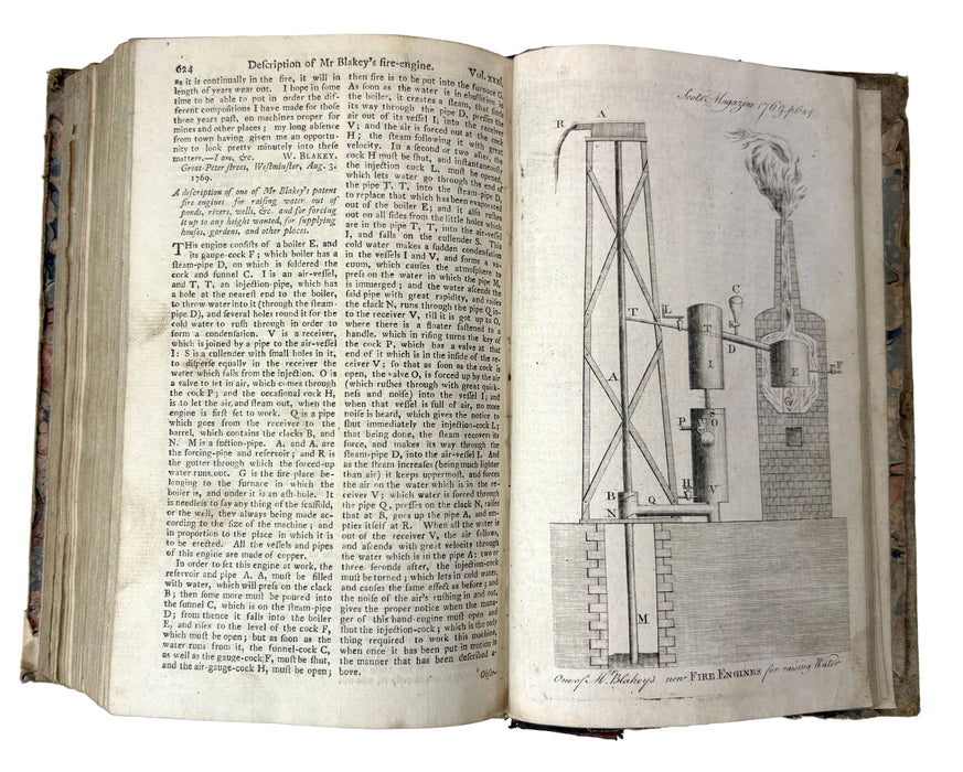 An open antique book showing printed text on the left page and a detailed technical illustration of a steam engine on the right page, photographed against a plain light background.
