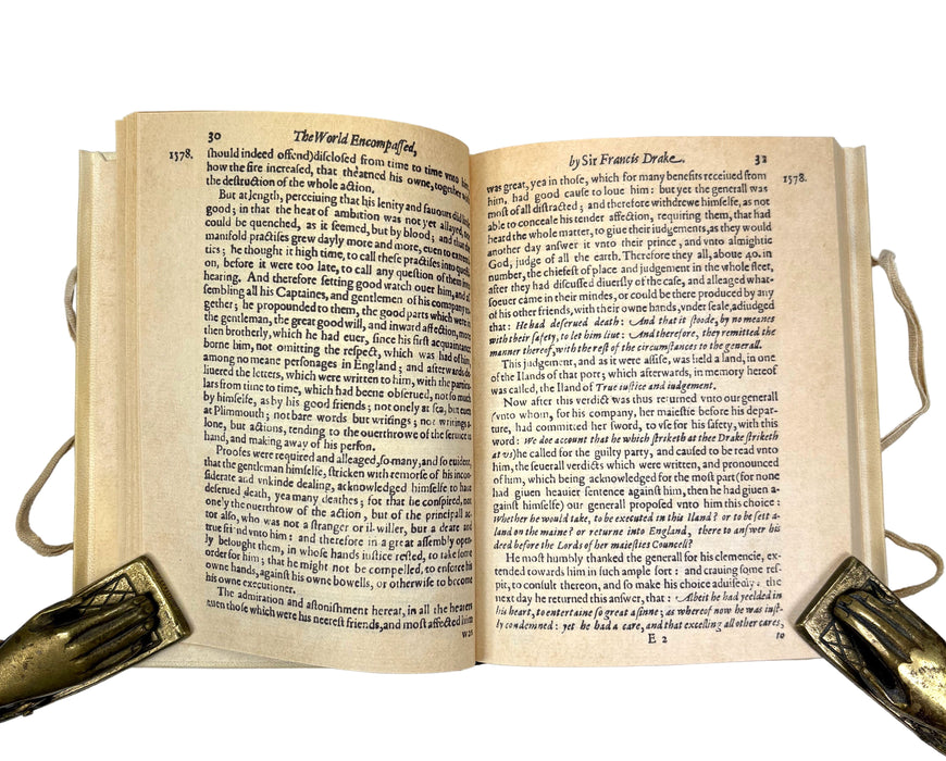 The World Encompassed by Sir Francis Drake, with The Relation of a Wonderful Voyage made by William Cornelius Schouten of Horne, Facsimiles of 1628 & 1619 printings, in vellum, with solander box and leather slipcase by J Fellows