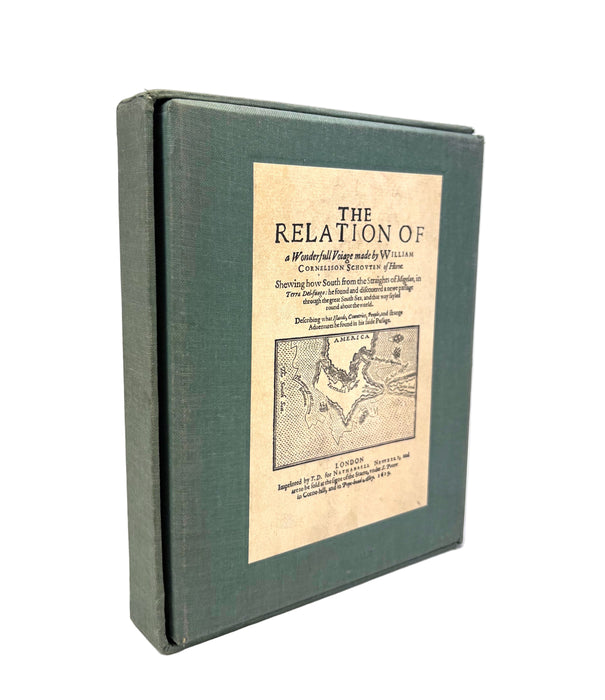 The World Encompassed by Sir Francis Drake, with The Relation of a Wonderful Voyage made by William Cornelius Schouten of Horne, Facsimiles of 1628 & 1619 printings, in vellum, with solander box and leather slipcase by J Fellows