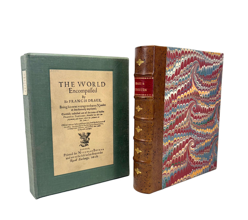The World Encompassed by Sir Francis Drake, with The Relation of a Wonderful Voyage made by William Cornelius Schouten of Horne, Facsimiles of 1628 & 1619 printings, in vellum, with solander box and leather slipcase by J Fellows