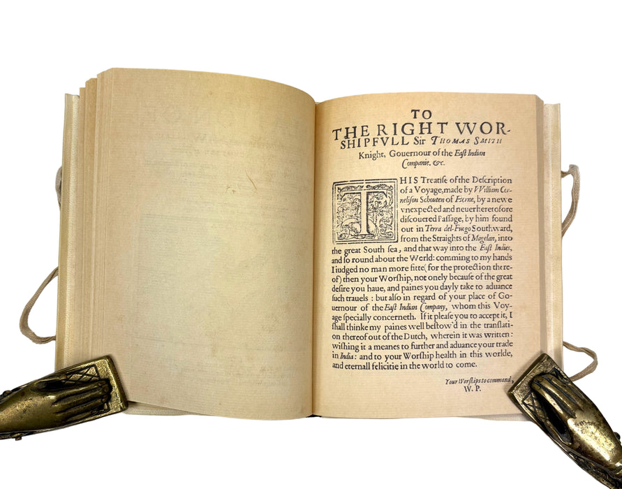 The World Encompassed by Sir Francis Drake, with The Relation of a Wonderful Voyage made by William Cornelius Schouten of Horne, Facsimiles of 1628 & 1619 printings, in vellum, with solander box and leather slipcase by J Fellows