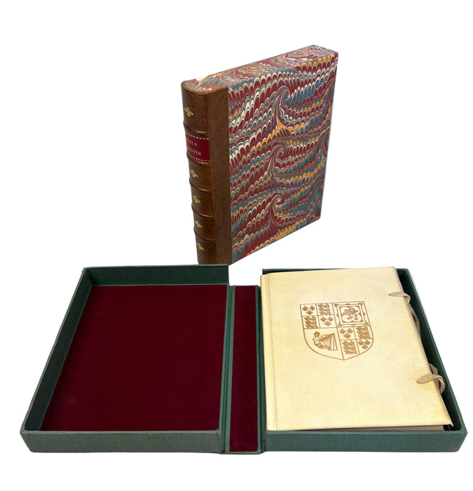 The World Encompassed by Sir Francis Drake, with The Relation of a Wonderful Voyage made by William Cornelius Schouten of Horne, Facsimiles of 1628 & 1619 printings, in vellum, with solander box and leather slipcase by J Fellows