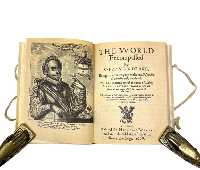 The World Encompassed by Sir Francis Drake, with The Relation of a Wonderful Voyage made by William Cornelius Schouten of Horne, Facsimiles of 1628 & 1619 printings, in vellum, with solander box and leather slipcase by J Fellows