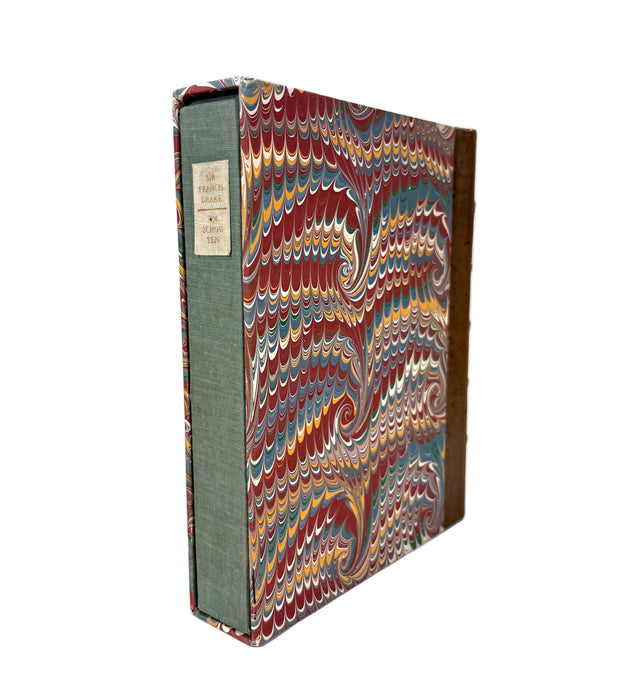 The World Encompassed by Sir Francis Drake, with The Relation of a Wonderful Voyage made by William Cornelius Schouten of Horne, Facsimiles of 1628 & 1619 printings, in vellum, with solander box and leather slipcase by J Fellows