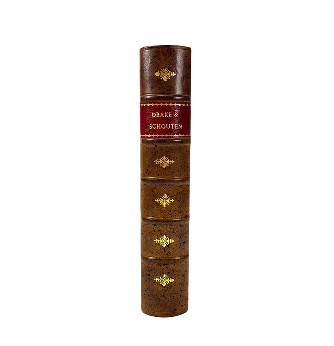 The World Encompassed by Sir Francis Drake, with The Relation of a Wonderful Voyage made by William Cornelius Schouten of Horne, Facsimiles of 1628 & 1619 printings, in vellum, with solander box and leather slipcase by J Fellows