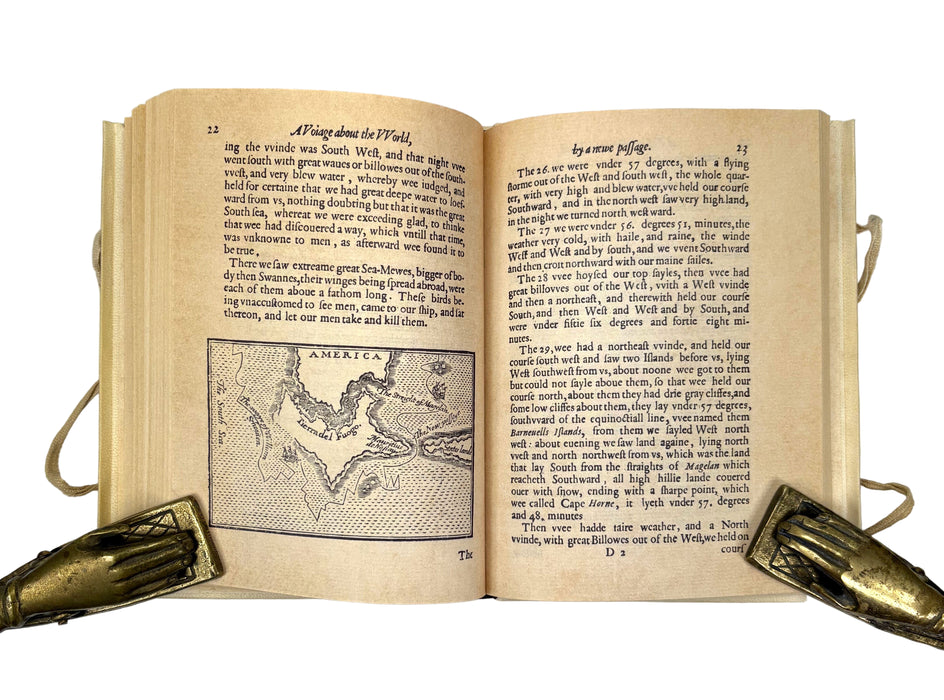 The World Encompassed by Sir Francis Drake, with The Relation of a Wonderful Voyage made by William Cornelius Schouten of Horne, Facsimiles of 1628 & 1619 printings, in vellum, with solander box and leather slipcase by J Fellows