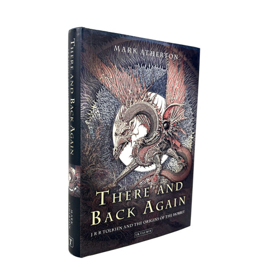 The book 'There and Back Again' by Mark Atherton, published by Inkhouse, shown standing upright on a white background. The cover features a detailed fantasy illustration of a dragon in shades of dark blue, gray, and red, with gold lettering for the title.