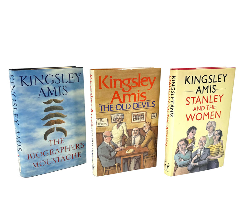 Three hardcover books by Kingsley Amis displayed upright on a white background: 'The Biographer's Moustache', 'The Old Devils', and 'Stanley and the Women'.