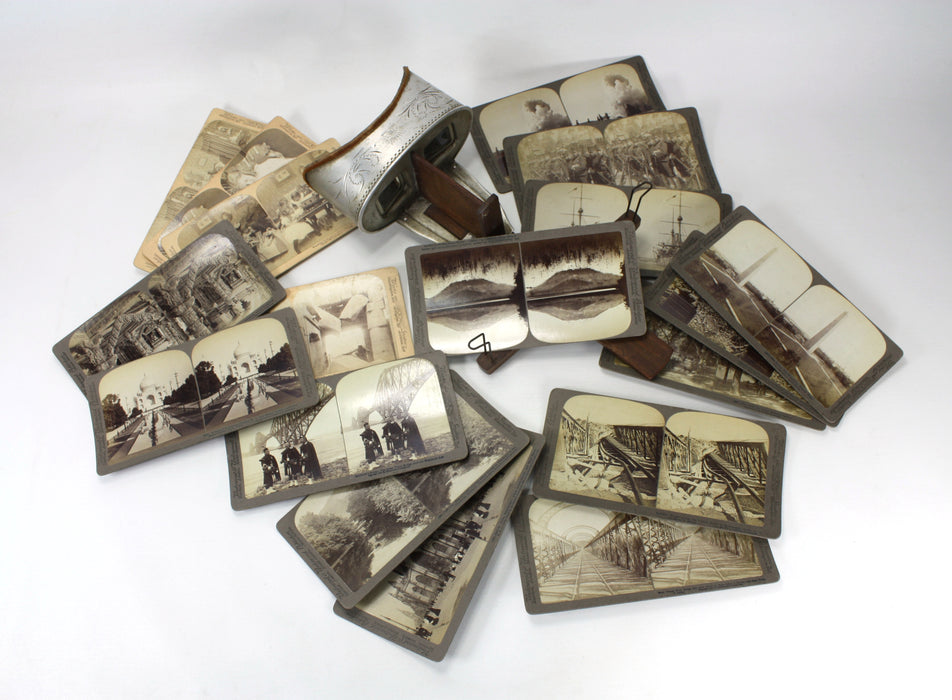 Underwood & Underwood Stereoscope Viewer with 18 cards, c. 1889-1906