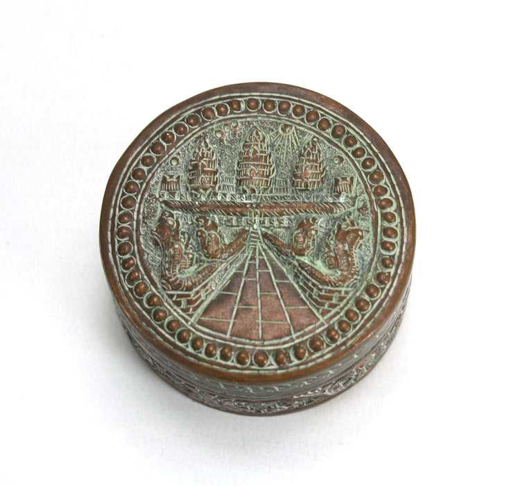 Vintage Cambodian Silver and Copper round Betel Box, Angkor Wat design, 5.2cm diameter
