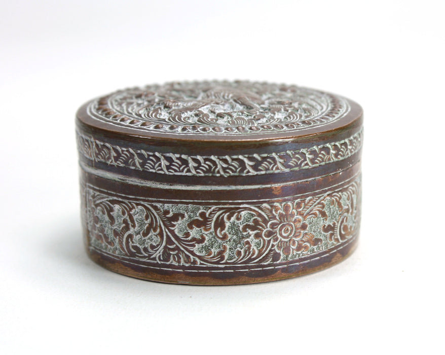 Vintage Cambodian Silver and Copper round Betel Box, Monkey design, 5.9cm diameter