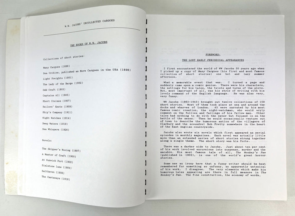 W.W. Jacobs' Uncollected Cargoes; The Lost Early Periodical Appearances, Gathered and Edited by John Jascoll, The Hazelwood Press, numbered, limited and inscribed