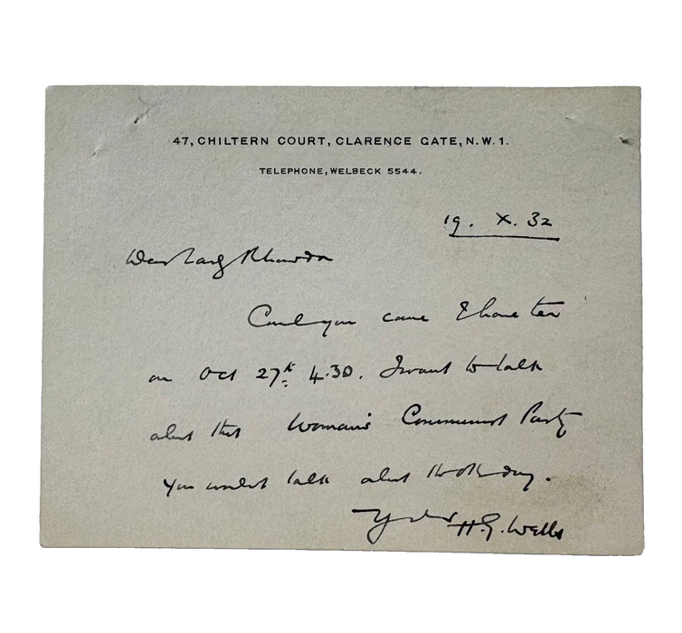 WELLS, H. G. (Herbert George Wells, 1866-1946). Autograph card signed to Margaret Haig Thomas, 2nd Viscountess Rhondda, concerning a "Woman's Communist Party".