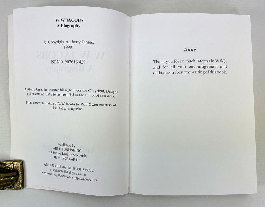 W W Jacobs; A Biography by Anthony James, Able Publishing, 1999, with author's signed letter