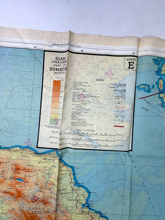 World War II R.A.F. silk Escape Map; Siam, Malaya, Sumatra 44 E/F.