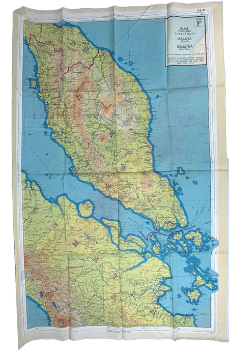 World War II R.A.F. silk Escape Map; Siam, Malaya, Sumatra 44 E/F.