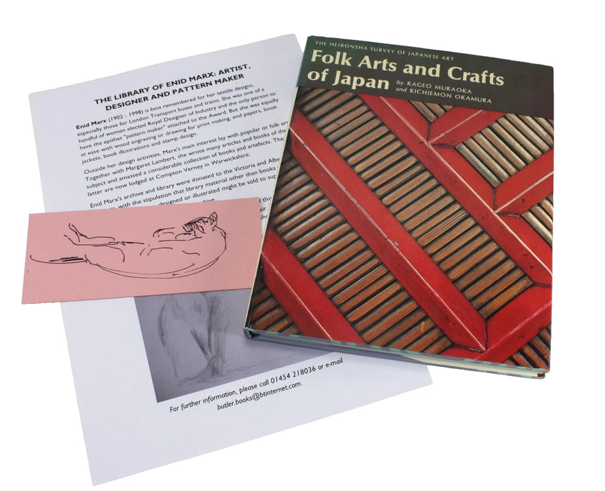 The Heibonsha Survey of Japanese Art; Folk Art and Crafts of Japan by Kageo Muraoka and Kichiemon Okamura; with hand drawn Enid Marx bookmark