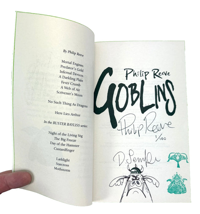 Philip Reeve; Goblins, Goblins vs Dwarves and Goblin Quest, first editions numbered 1/100, signed, illustrated and stamped