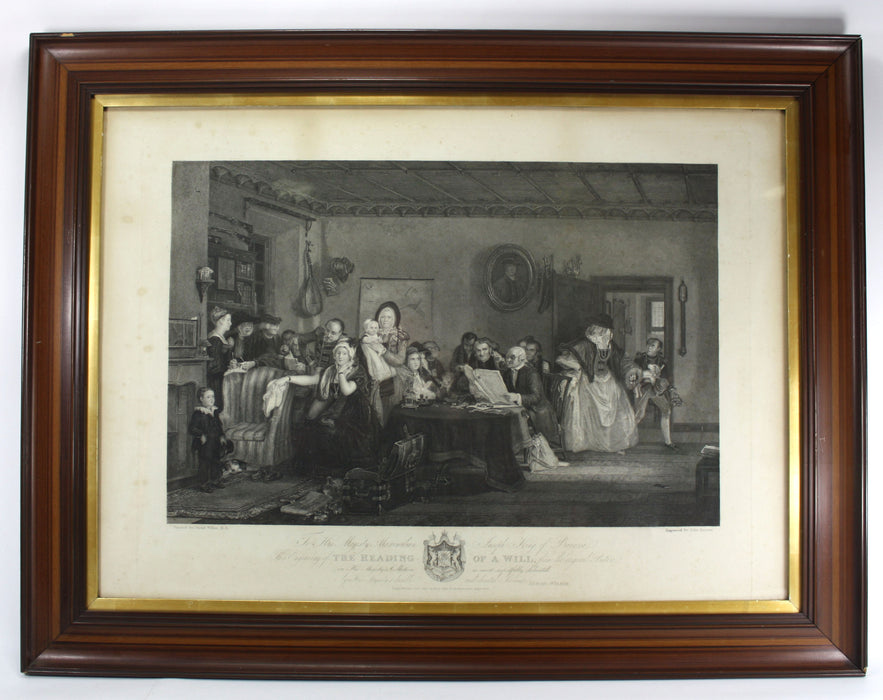 David Wilkie Engraving, 1842, The Reading of a Will, framed. Large size.