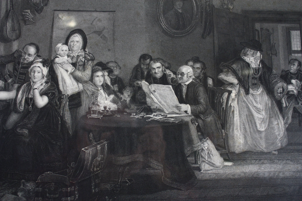 David Wilkie Engraving, 1842, The Reading of a Will, framed. Large size.