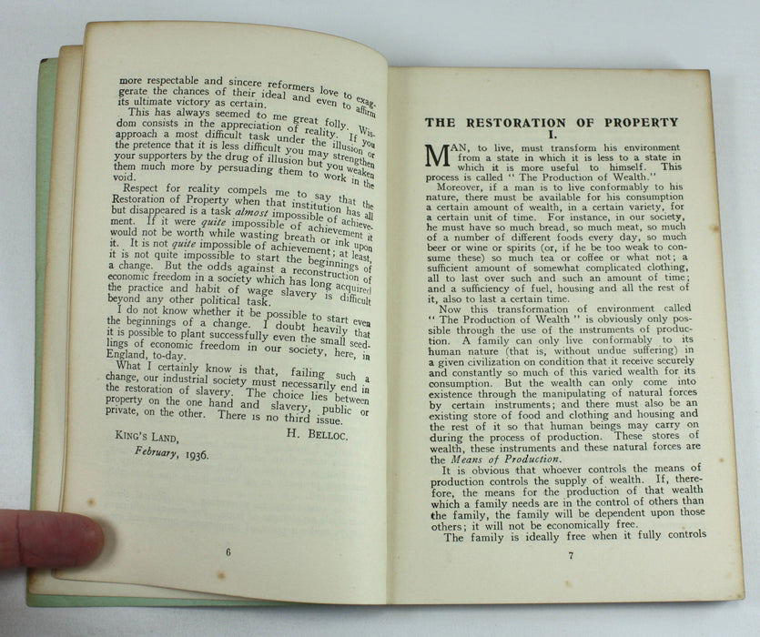 An Essay on the Restoration of Property by Hilaire Belloc, 1936. Distributist League.