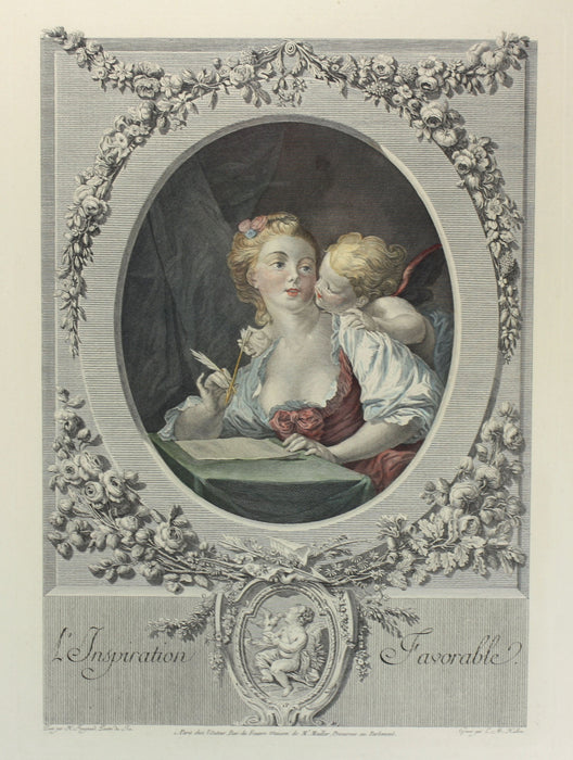 Hand coloured engraving; L'Inspiration Favorable by H. Fragonard, engraved by L.M. Halbou, Paris
