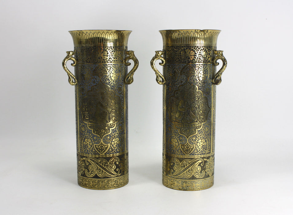 Pair of Vintage Kinco Brass Vases in Persian Style, 22.5cm high