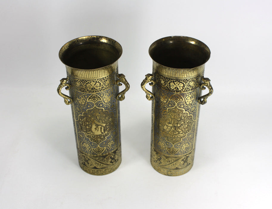 Pair of Vintage Kinco Brass Vases in Persian Style, 22.5cm high
